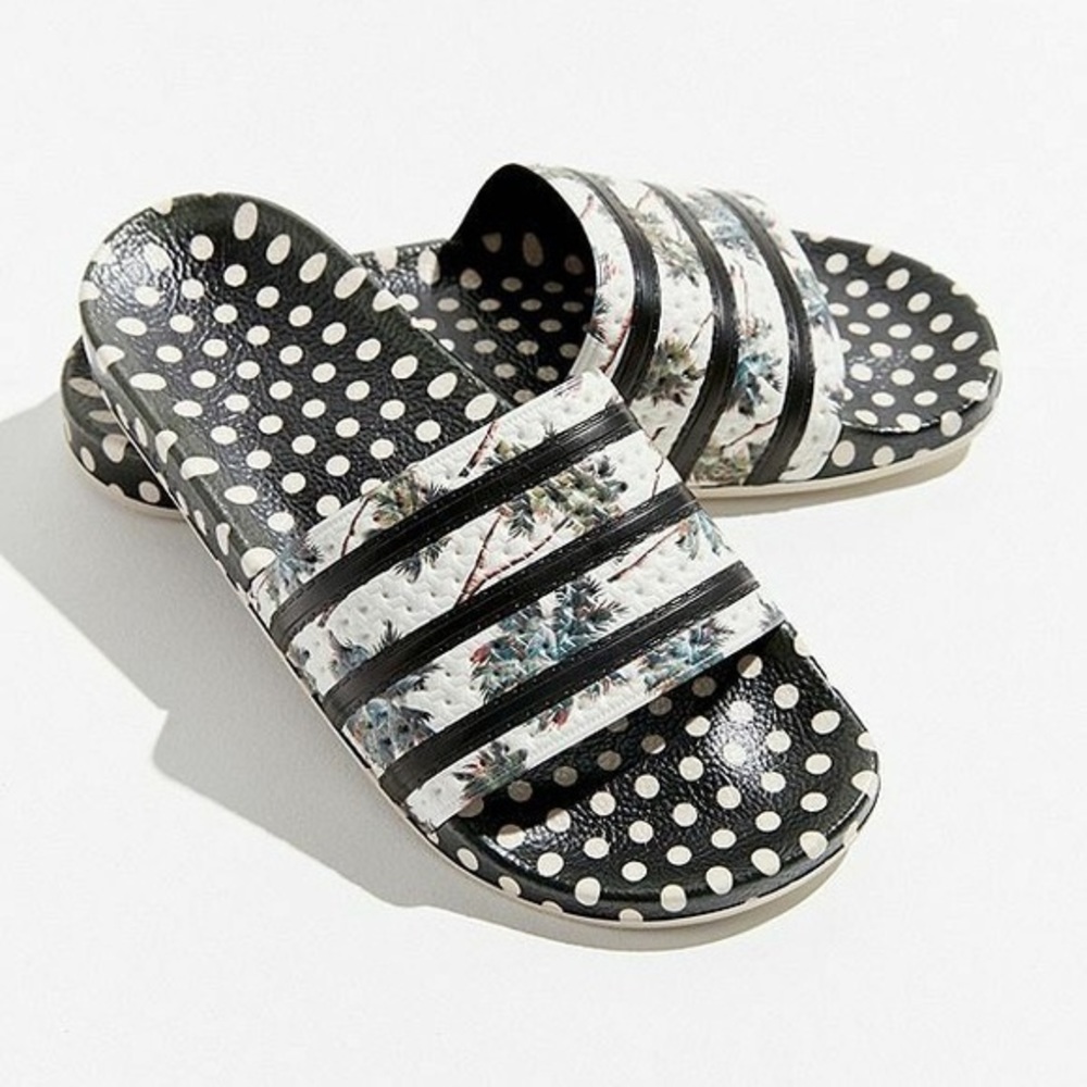 🌴 EUC Adidas Adilette Slides, Polka Dots & Palms